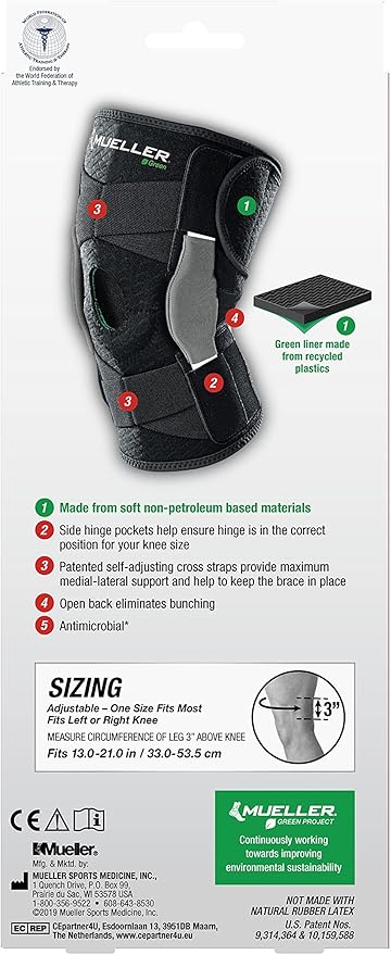 MUELLER Sports Medicine Green Self-Adjusting Hinged Knee Brace, Knee Pain Relief Support for Men and Women, Ideal for Arthritis, Sprains, Black, One Size