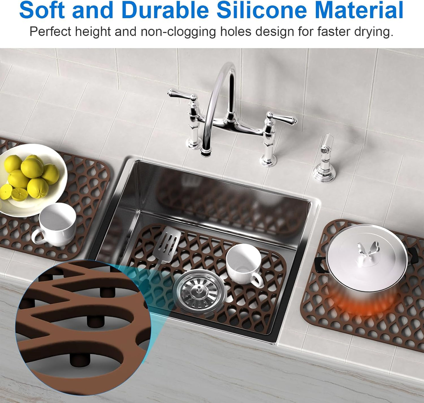 TOOVEM 13.6"x11.6" Kitchen Sink Protector - Large Silicone Mat Grid for Bottom of Farmhouse Sink - Heat Resistant - Coffee - 1 Pack