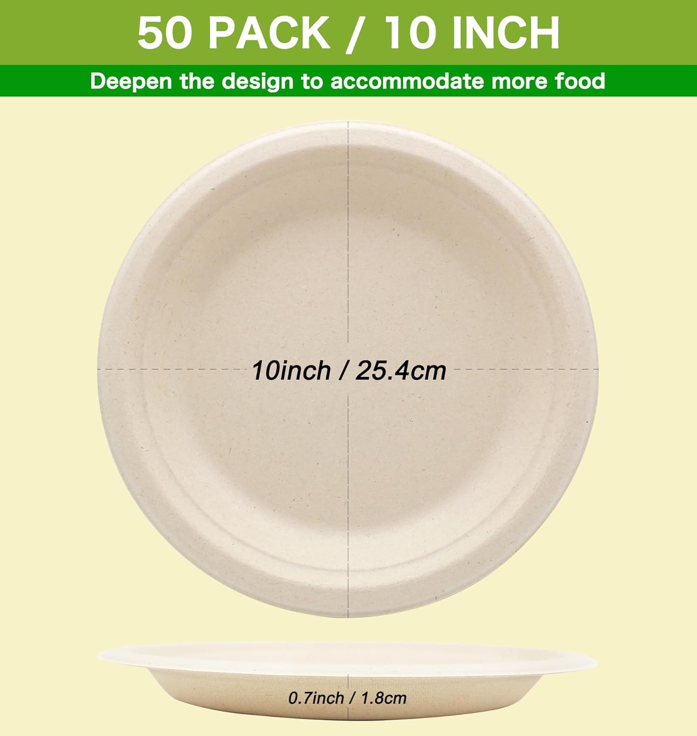 BLUE TOP Compostable Disposable Paper Plates, Heavy Duty Waterproof - 50 Pack 10 inch Eco-Friendly Biodegradable Sugarcane Bagasse Dinner Plates