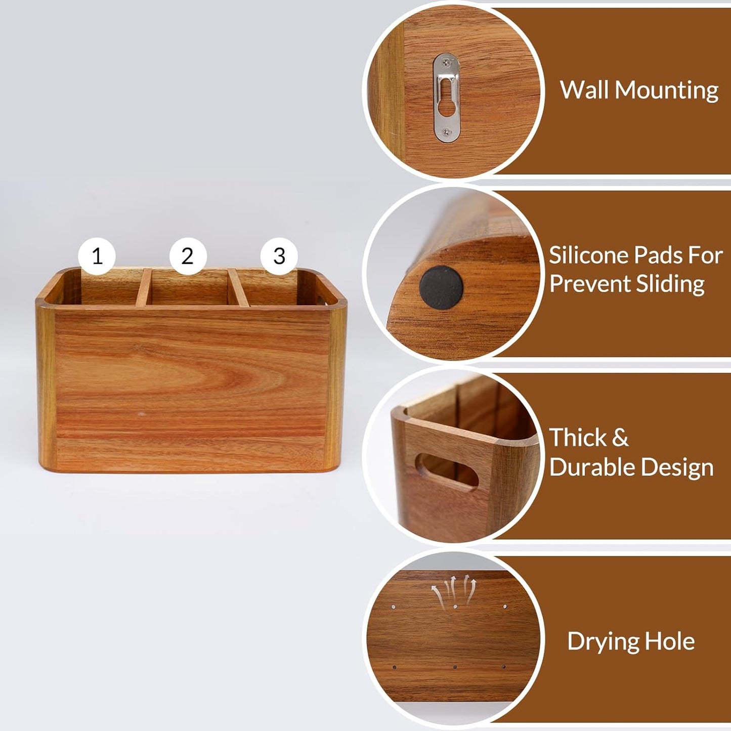 Wooden Kitchen Utensil Holder Organizer for Counter or Countertop, Large Wooden Utensil Holder for Storage Cooking and Silverware with 3 Compartment, Acacia Rustic Wood Container Extra Large