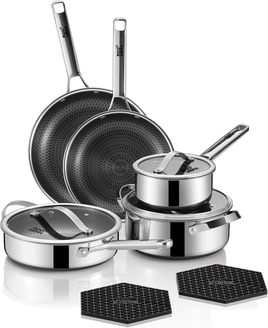 Pots and Pans Set Hybrid Stainless Steel, 10PC Nonstick Tri-Ply Cookware Set w/Frying pan, Dishwasher & Oven Safe, PFOA-Free, Metal Utensil Safe, Suitable for All Cooktops