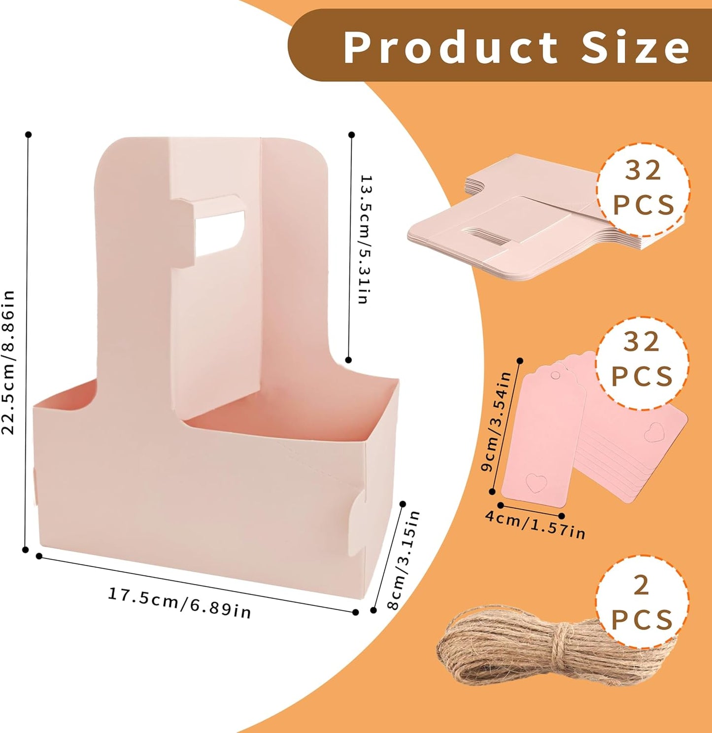 2 Cup Drink Carrier,32 Pack Coffee Cup Holders with Handle,Cardboard Cup Holders for Hot or Cold Drinks,Coffee Carrier with Ribbon and Card,Food Delivery Services and Bouquet(Pink)