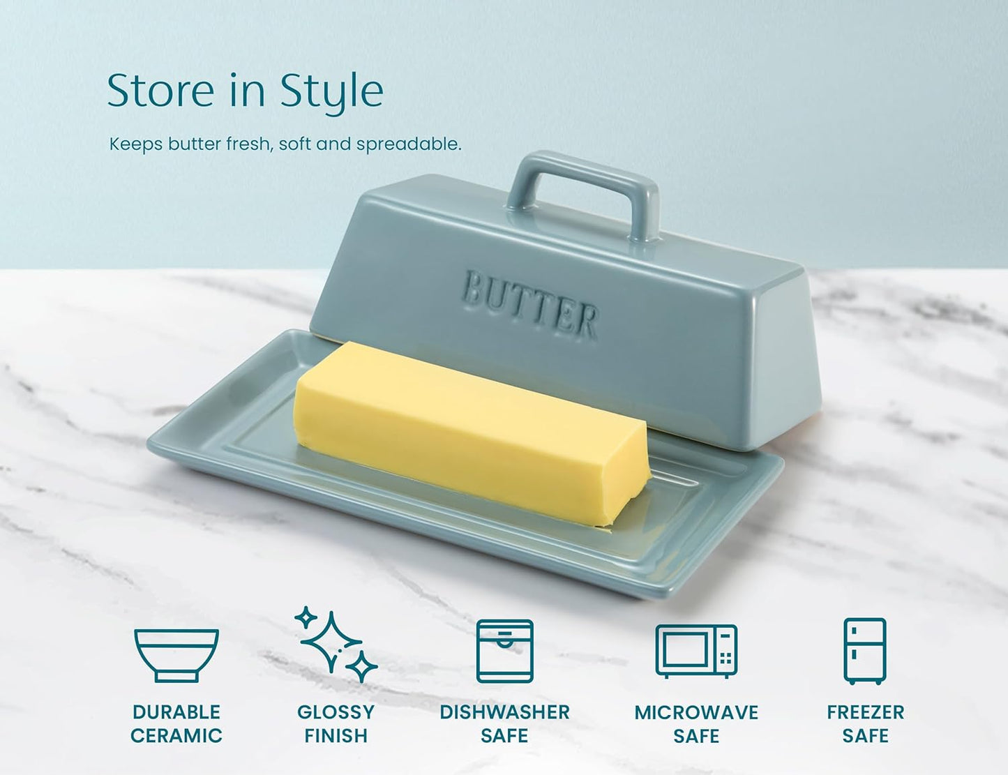 Kook Ceramic Butter Dish with Lid, Kitchen Countertop Butter Keeper, Serving Tray with Cover, Storage Container, Holds 1 Stick, Microwave and Dishwasher Safe, Casper Blue