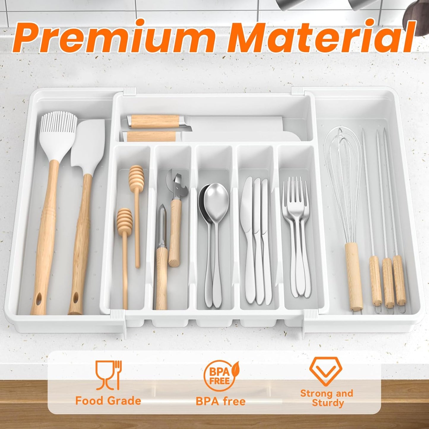 Large Silverware Organizer,Expandable Utensil Drawer Organizer,BPA Free Utensil Holder,Adjustable Silverware Tray Cutlery Drawer Organizer for Kitchen Flatware,Large,White,2 Pack