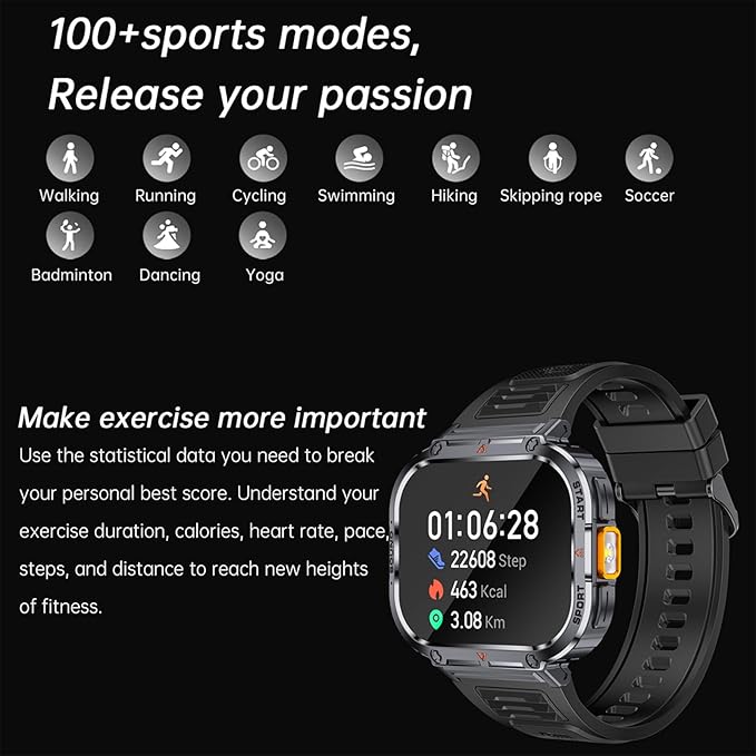 Loluka Big Screen Smart Watch for Men, 2.0'' HD Military Smartwatch with LED Flashlight 5ATM Waterproof Rugged Tactical Fitness Tracker (Answer/Make Calls)