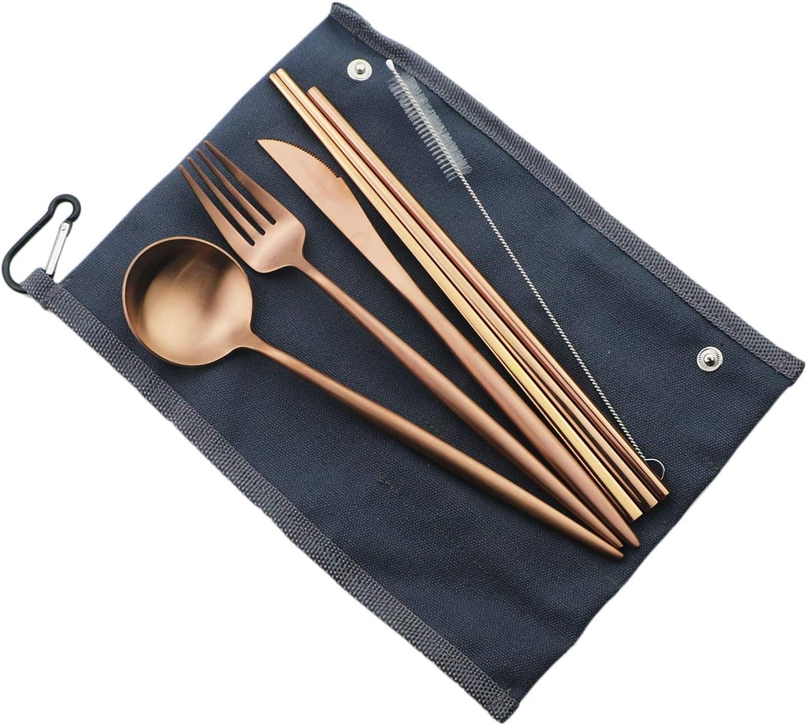 Gugrida Reusable Travel Utensils, 7 Piece Portable 304 Stainless Steel including Knife Fork Spoon Chopsticks Cleaning Brush Straws Portable Pouch, Eco-friendly Camping Silverware Set, Dishwasher Safe