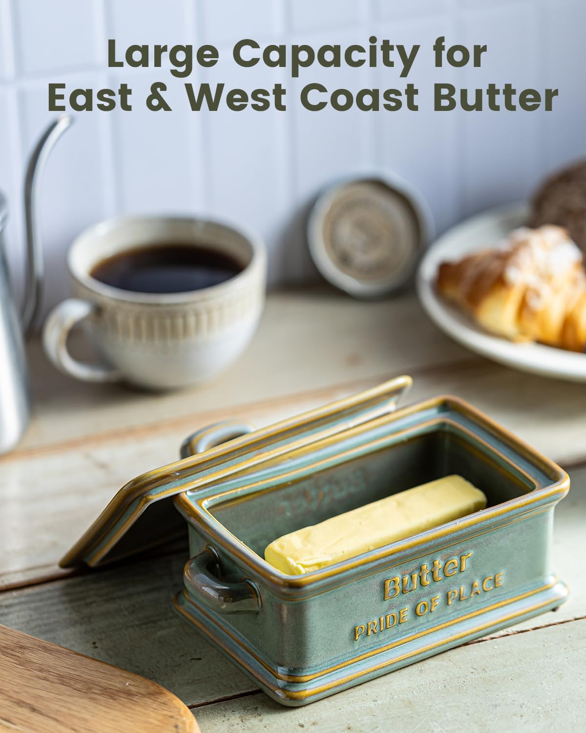 Butter Dish with Lid, Ceramic Butter Holder Container Large Butter Dish for Countertop Farmhouse Decor Butter Keeper for East West Coast Butter, Green