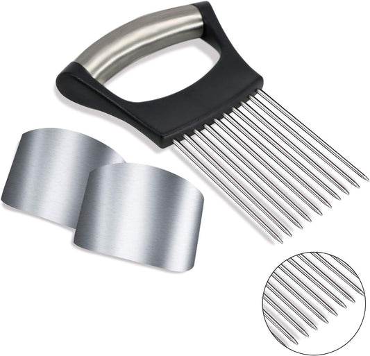 1PCS Stainless Steel Onion Holder Slicer, 2PCS Finger Guard, Holder Slicer for Vegetables, Tomato, Lemon, Meat
