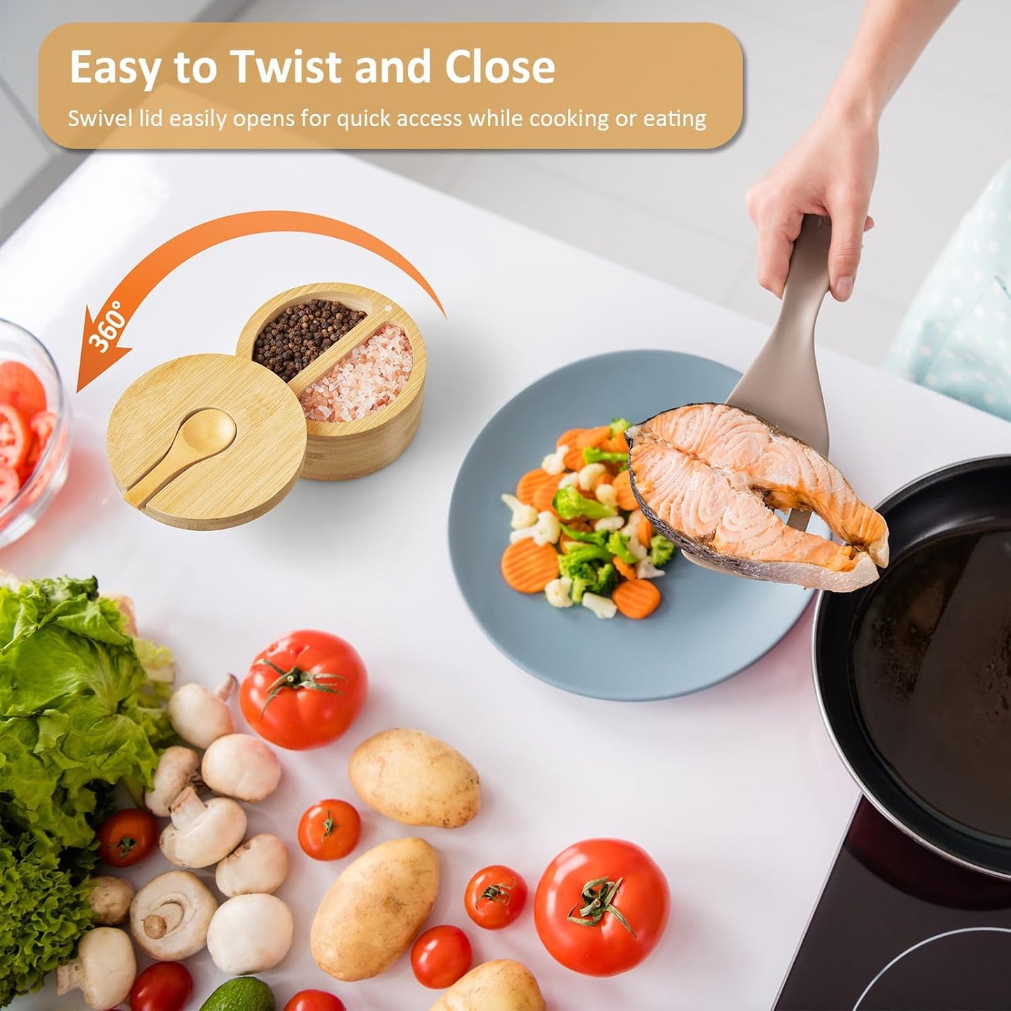 2-Compartment Salt Box with Lid and Spoon, Bamboo Salt Cellar with Swivel Lid, Salt and Pepper Bowls for Salt & Spices, Dual 6 oz Salt Container