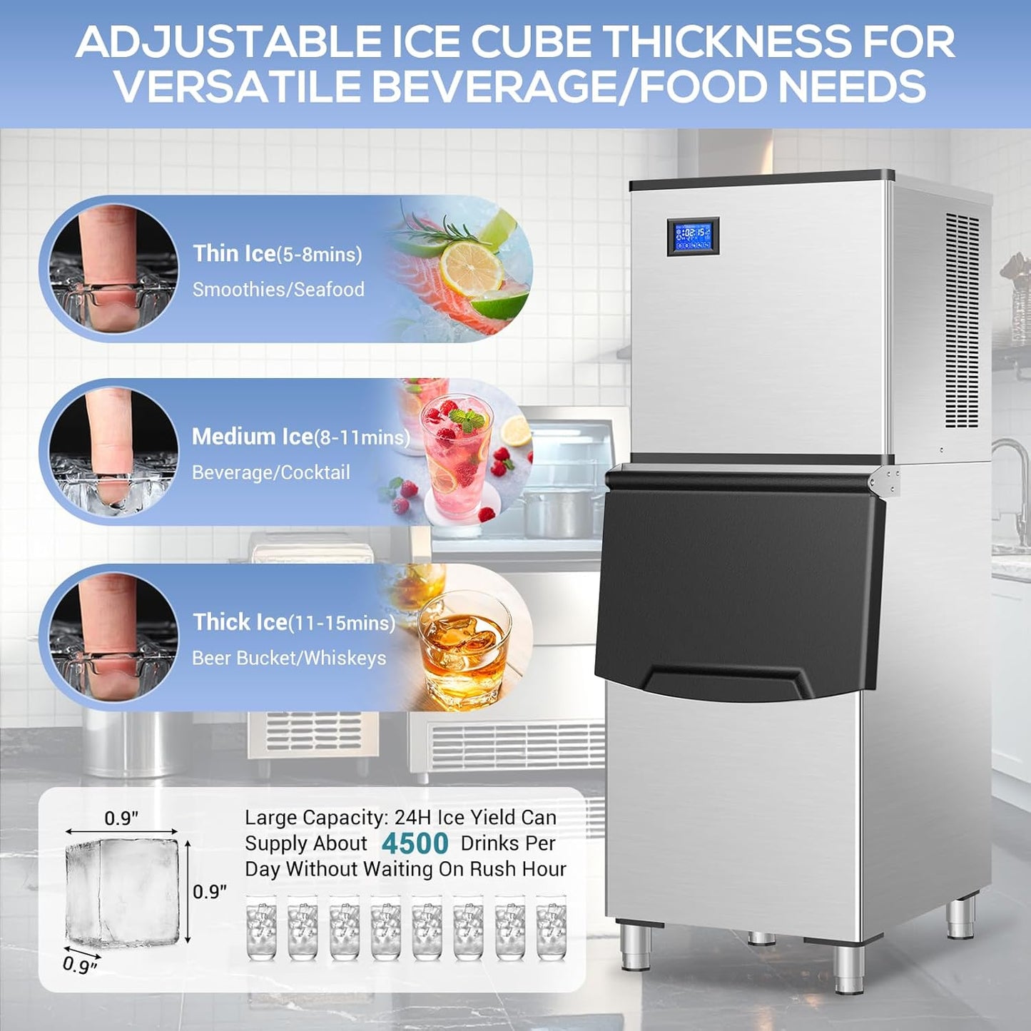 Commercial Ice Maker Machine 150Lbs/24H with 2 Water Inlet Modes, 36Pcs Ice Cubes in 8-15 Mins, Stainless Steel Under Counter/Freestanding Ice Machine with 25Lbs Storage Bin for Home/Shop/Office/Bar