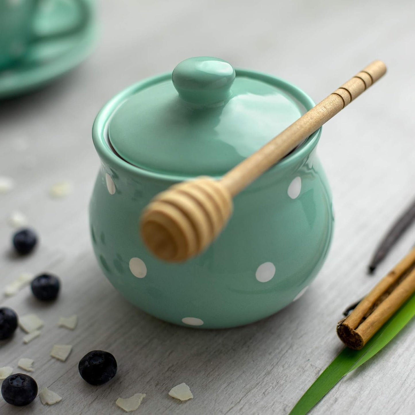City to Cottage Ceramic Sugar Bowl with Lid, 10oz Sugar Contanier for Coffee Bar, Sugar Dispenser Bowl, Salt - Condiment Pot for Kitchen Counter, Handcrafted turquoise Blue Polka Dot Sugar Jar