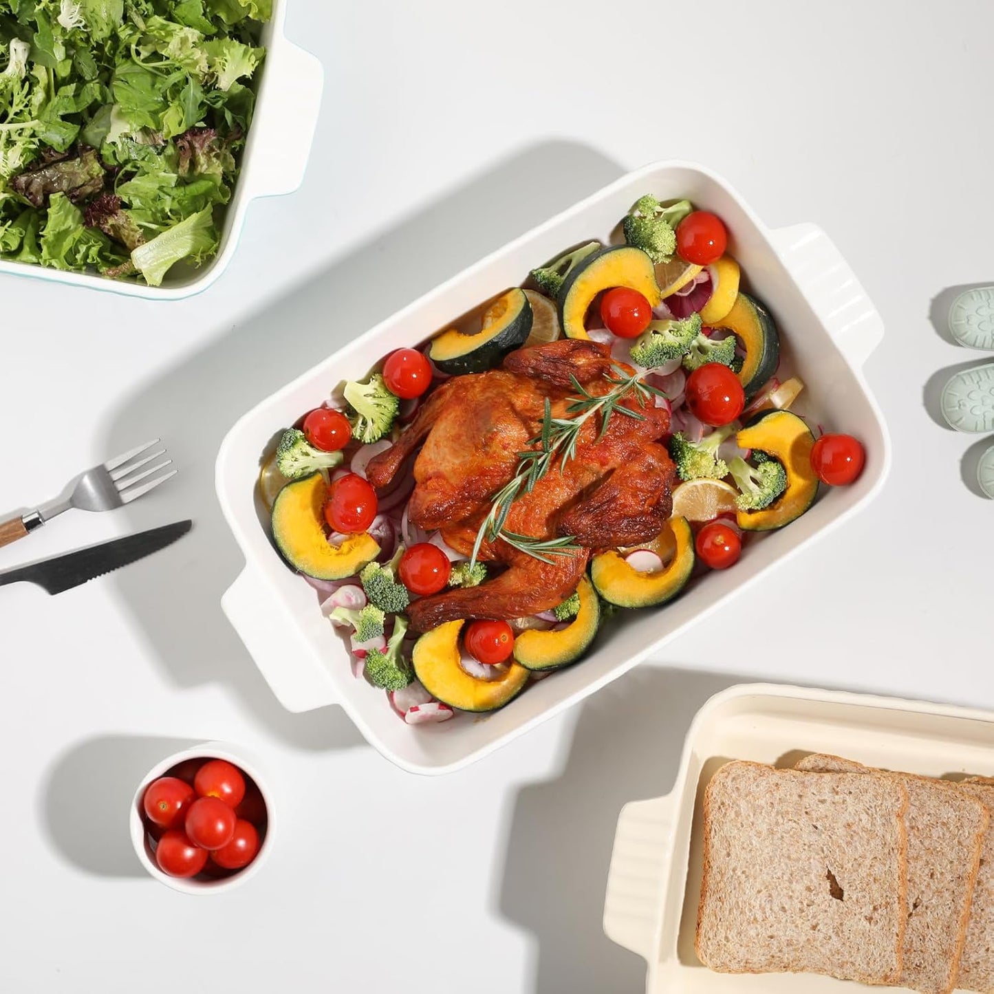 Sweejar Ceramic 13 x 9 Baking Pan, Cake Baking Dish for Brownie, Porcelain Striped Casserole Dishes for Oven with Handle for Lasagna, Family Dinner(White)