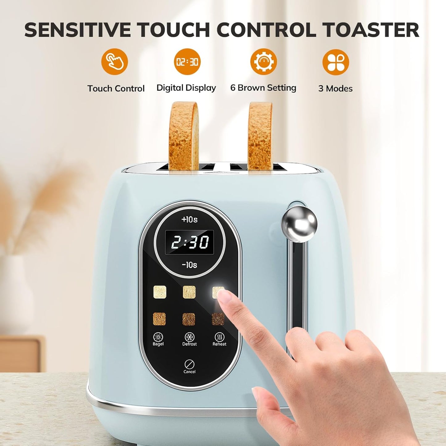 Keenstone Smart Touch Screen Toaster 2 Slice, Retro Wide Slot Stainless Steel Toaster with 6 Browning Levels, Reheat & Defrost, for Bagel, Toast, Bread, Removable Crumb Tray, Blue