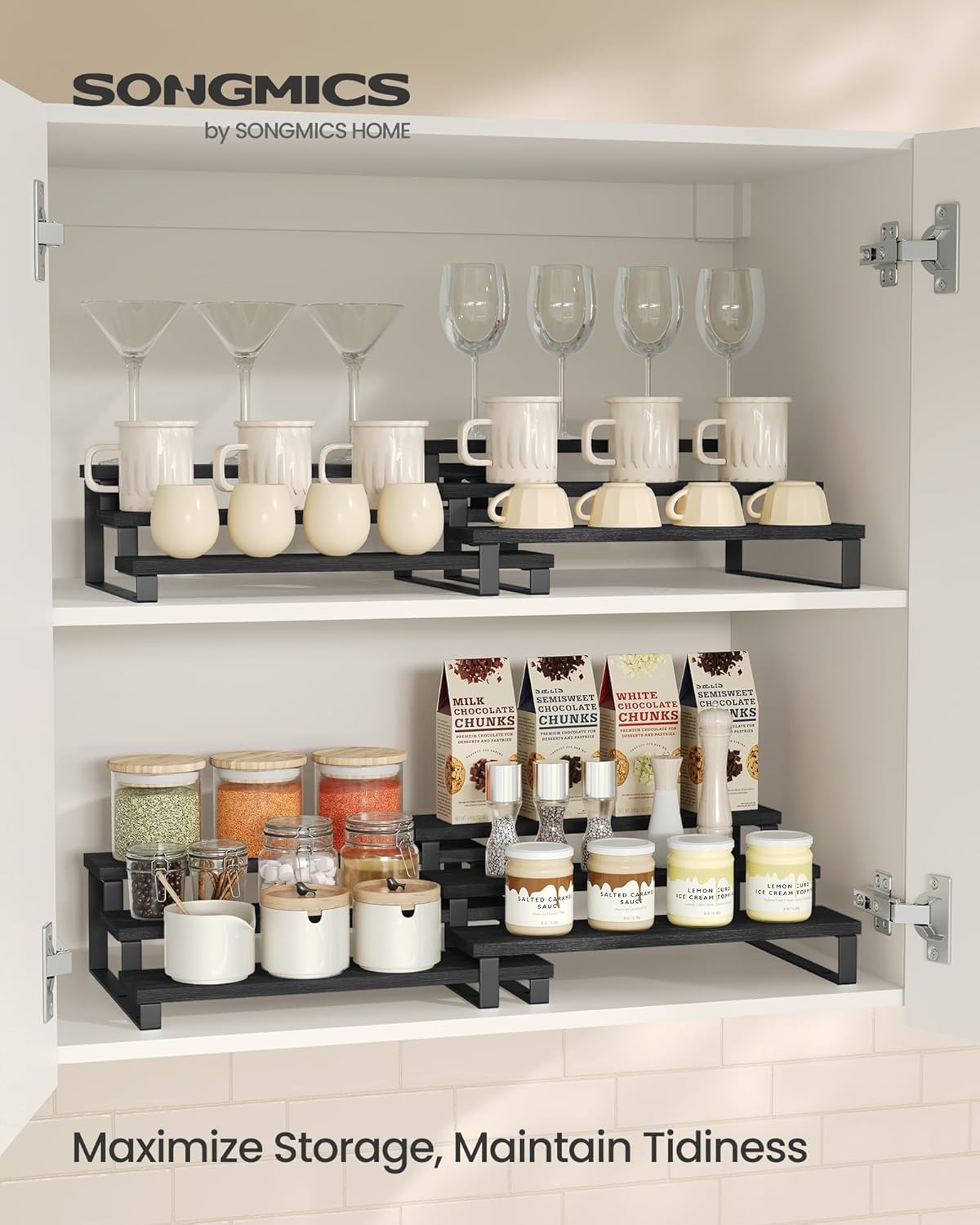 SONGMICS Display Risers, Set of 2 Engineered Wood Perfume Organizer Stand, 3-Tier Cupcake Stand Holder, Spice Rack, Shelf Risers for Figures, Dessert Shelves, Ebony Black and Ink Black UKCS116B01