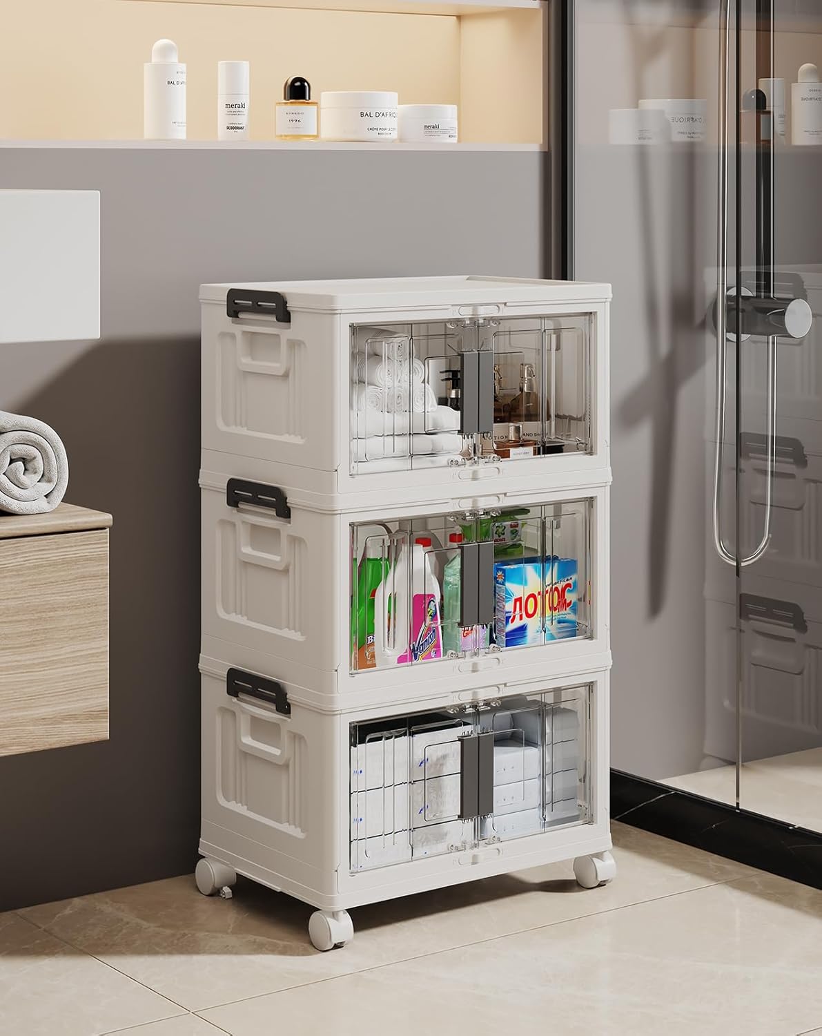 OlarHike 23QT Stackable Storage Bins with Lids - Folding Storage Box with Doors and Wheels, Collapsible Plastic Storage Bins for Closets and Organization, Christmas Gifts, 3 Pack Cubes