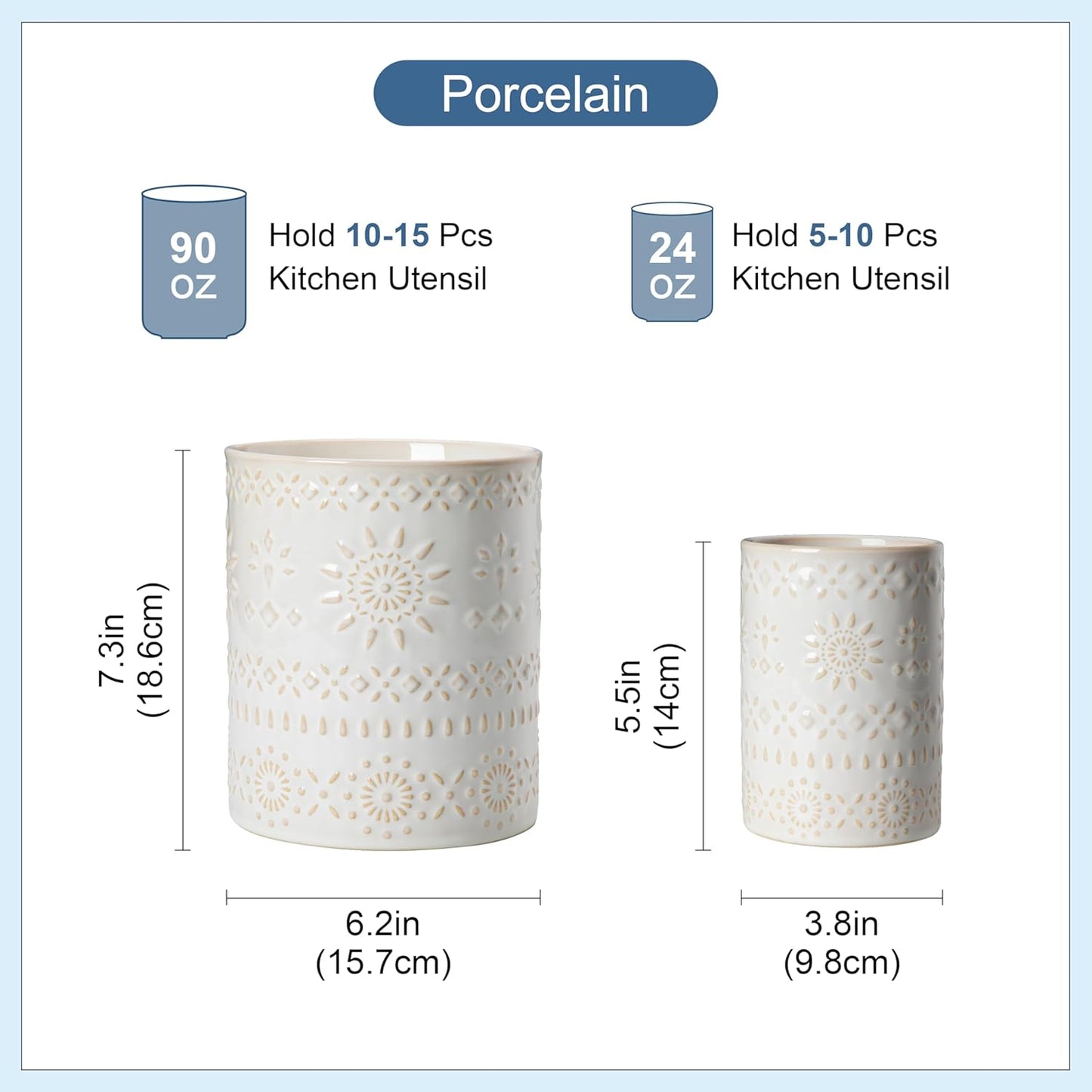 LOVECASA Utensil Holder, 7.2"+5.4" Ceramic Utensil Holder for Countertop, Large Cooking Utensil Crocks for Kitchen Counter, Farmhouse Utensil Vase for Housewarming, Kitchen Decor, Set of 2, Oasis