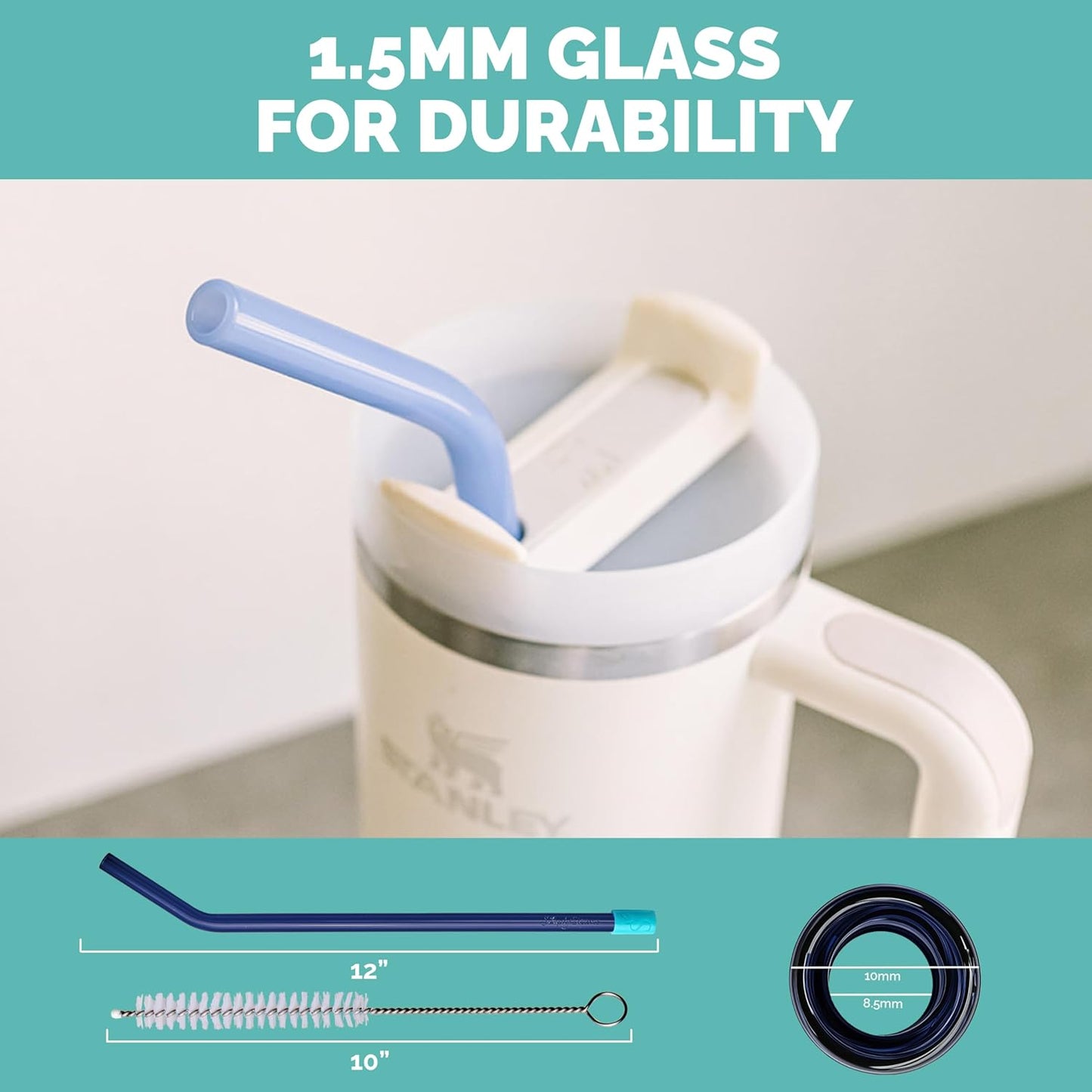 Simply Straws 12 Inch Glass Straws Bent (6-Pack) – Reusable Glass Straws for Stanley 40 Oz Tumbler, with Cleaning Brush – Durable, Dishwasher Safe, Hot & Cold Use, BPA-Free (Seaglass)
