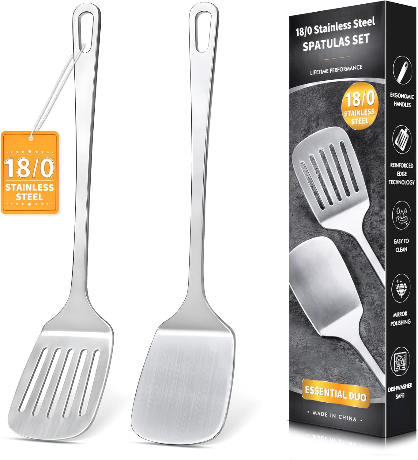 2 Pcs Stainless Steel Spatulas Set, Metal Spatula Solid & Slotted Turner, Heavy Duty Sturdy Spatula for Kitchen Use, High Heat Resistant Cooking Utensils for Fish Eggs Pancakes, Easy to Clean, Silver