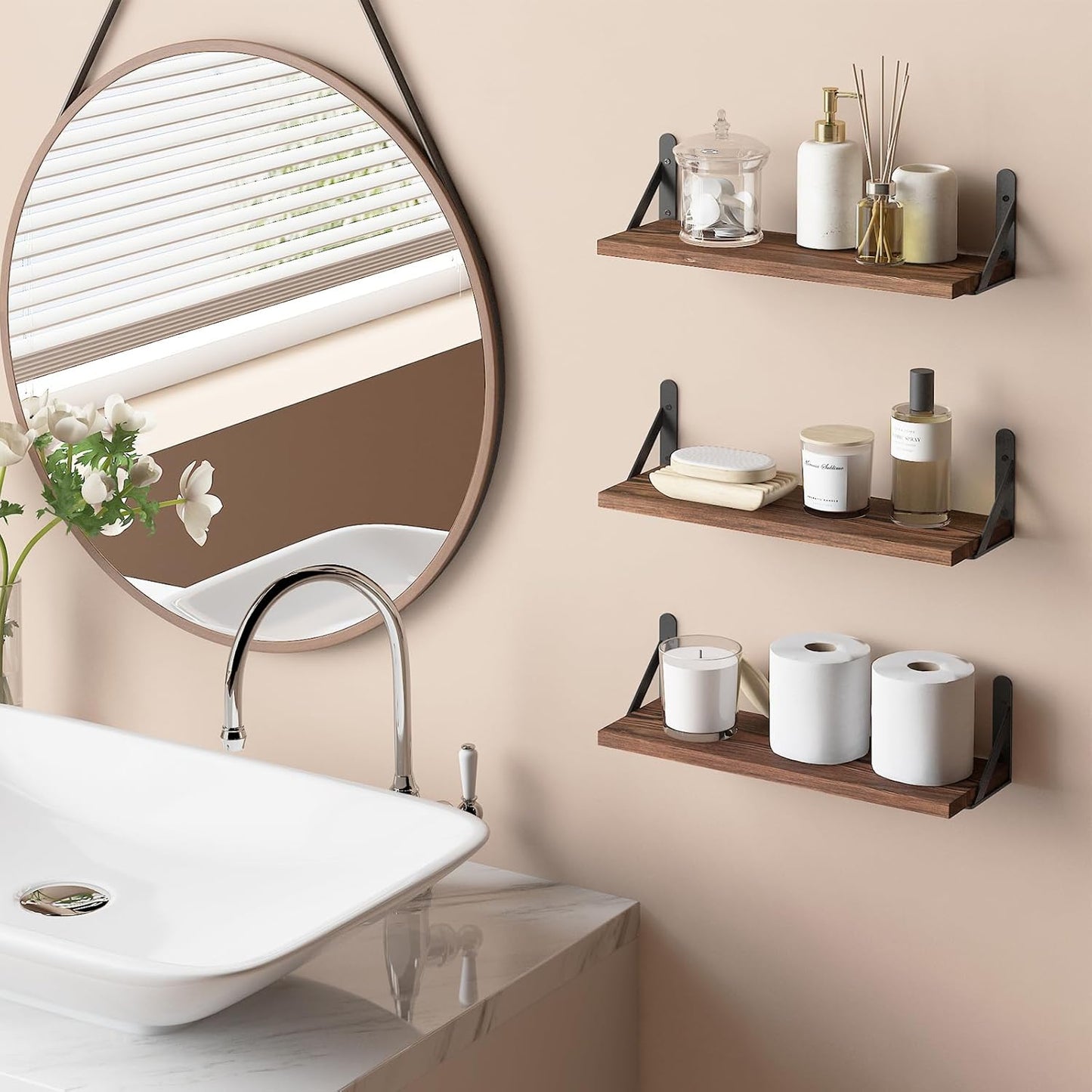 YGEOMER 16.5 Inch Floating Shelves for Wall, Farmhouse Wall Shelves for Bedroom, Bathroom Storage, Living Room and Kitchen Decor (Set of 6 Dark Carbonized Pine)