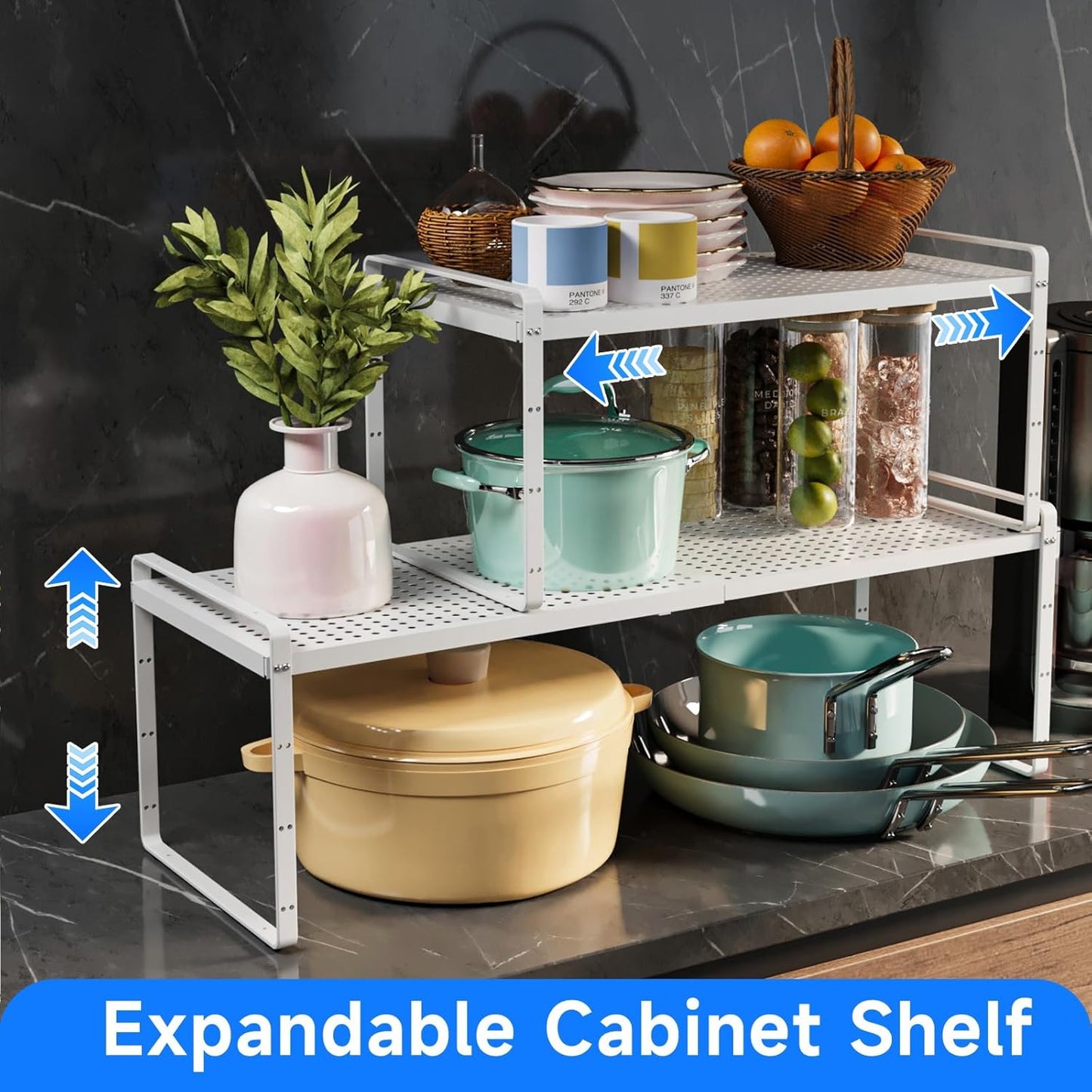 Expandable Cabinet Shelf Organizers, Kitchen Small Stand Rack Organization for Countertop Cupborad Pantry, White 1 Pack