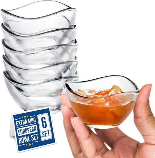 Volarium Mini Glass Prep Bowls Set of 6, 2 1/4 oz Capacity, Modern Style, Round Glass Bowl Set, Condiment & Spice Bowls, Transparent, Dishwasher & Microwave Safe