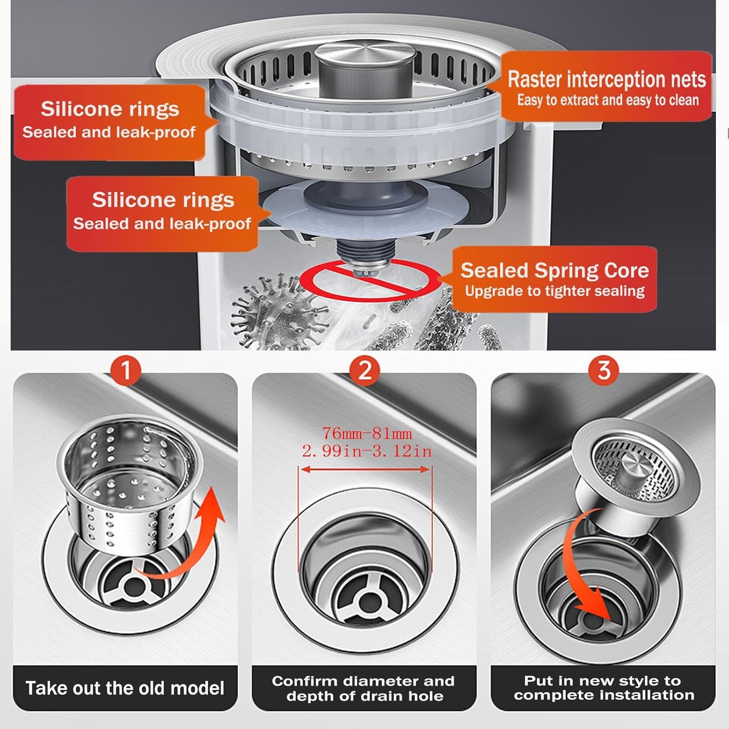 Kitchen Sink Drain Strainer，Upgraded 304 Stainless Steel 3 in 1 Pop-up Sink Drain Strainer Kitchen Drain Strainer Cover and Sink Stoppers Combo，Standard 3-1/2 in Hole