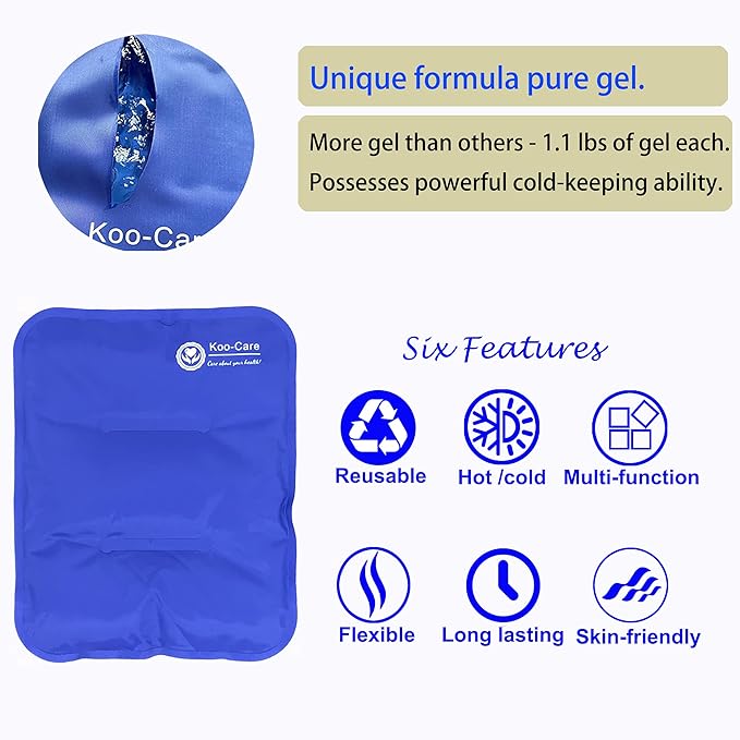 Koo-Care 2 Knee Gel Ice Pack & Wrap For Injuries Reusable Hot Cold Therapy Compress Pain Relief for Arthritis, Tendonitis, ACL, Knee Replacement Surgery - 9.9" x 7.9" Neoprene Brace With Long Straps