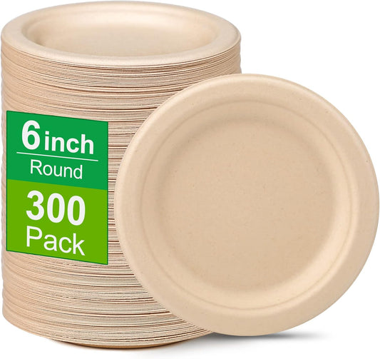 300 Pack Small Compostable Paper Plates, 6 inch, Dessert, Brown