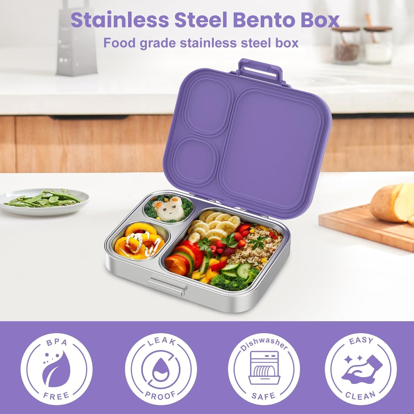 Stainless Steel Bento Lunch Box for Kids | 3-Compartment Lunch Box Container Kids | 100% Leakproof, Dishwasher-Safe, Eco-Friendly, Perfect Portion Control for Kids&Adult Healthy Meals (Purple)