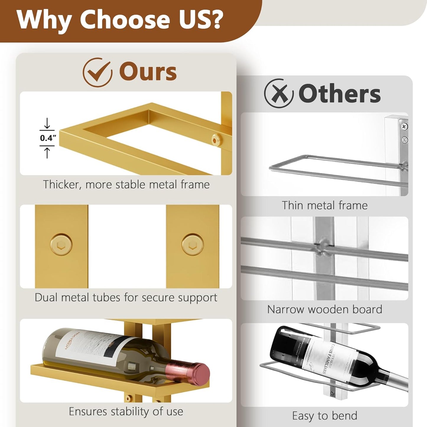 Hoctieon 2-Set 8 Tier Wall Mount Wine Rack (16 Tiers), Wall Racks for Wine Bottles Display and Storage, Hanging Bottle Organizer for Living Room, Dining Room, Wine Cellar, Bar, Gold