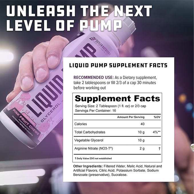 Liquid Pump - Glycerol and Arginine Nitrates for optimized pump pre-workout liquid caffeine free non stim pre-workout for energy and performance and nictic oxide booster | Pink Fruit Chews flavor