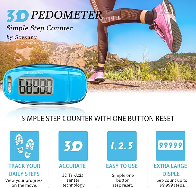 3D Pedometer Clip On, Simple Walking Step Counter with Backlight, USB Rechargeable Accurate Step Counter, Daily Target Monitor, Exercise Time (Blue)