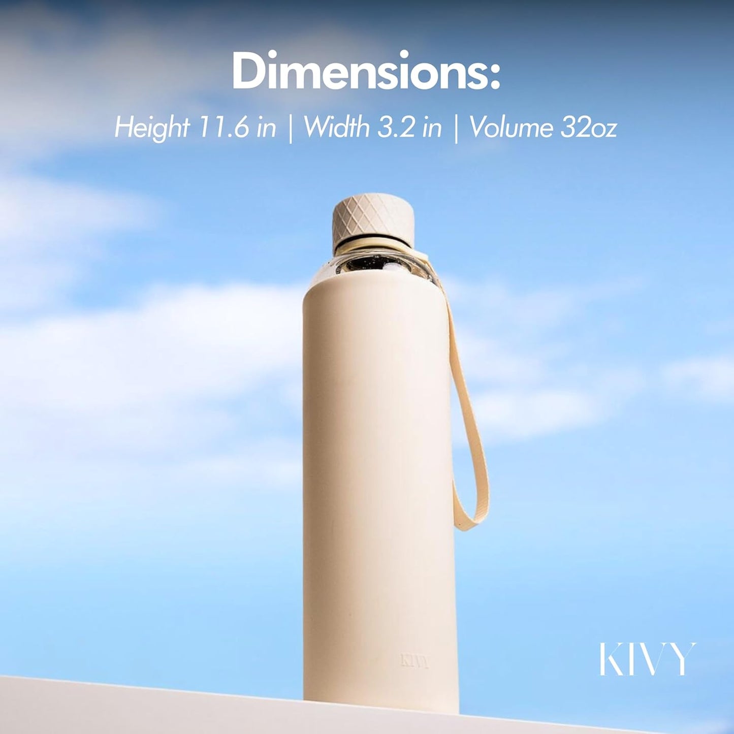 KIVY Glass Water Bottle with Silicone Sleeve 32 oz [WITH MEASUREMENT] - Borosilicate Glass Water Bottle Screw Top - Clear Bottles with Measurement Marking - Slim Waterbottle Aesthetic - Cream White