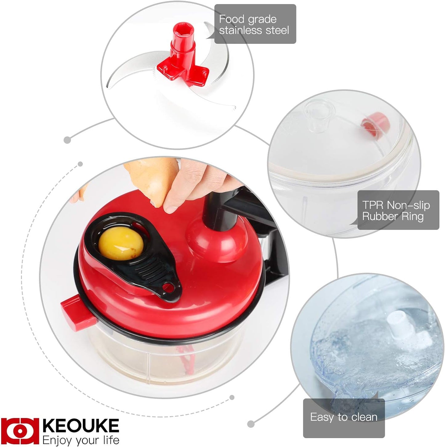 KEOUKE Hand Crank Food Chopper Red - Manual Food Processor with Egg Separator, Labor-Saving, Easy to Clean, Large Vegetable Mixer Blender for Onion, Garlic, Salad, Salsa, Nuts, Meat, Fruit, etc