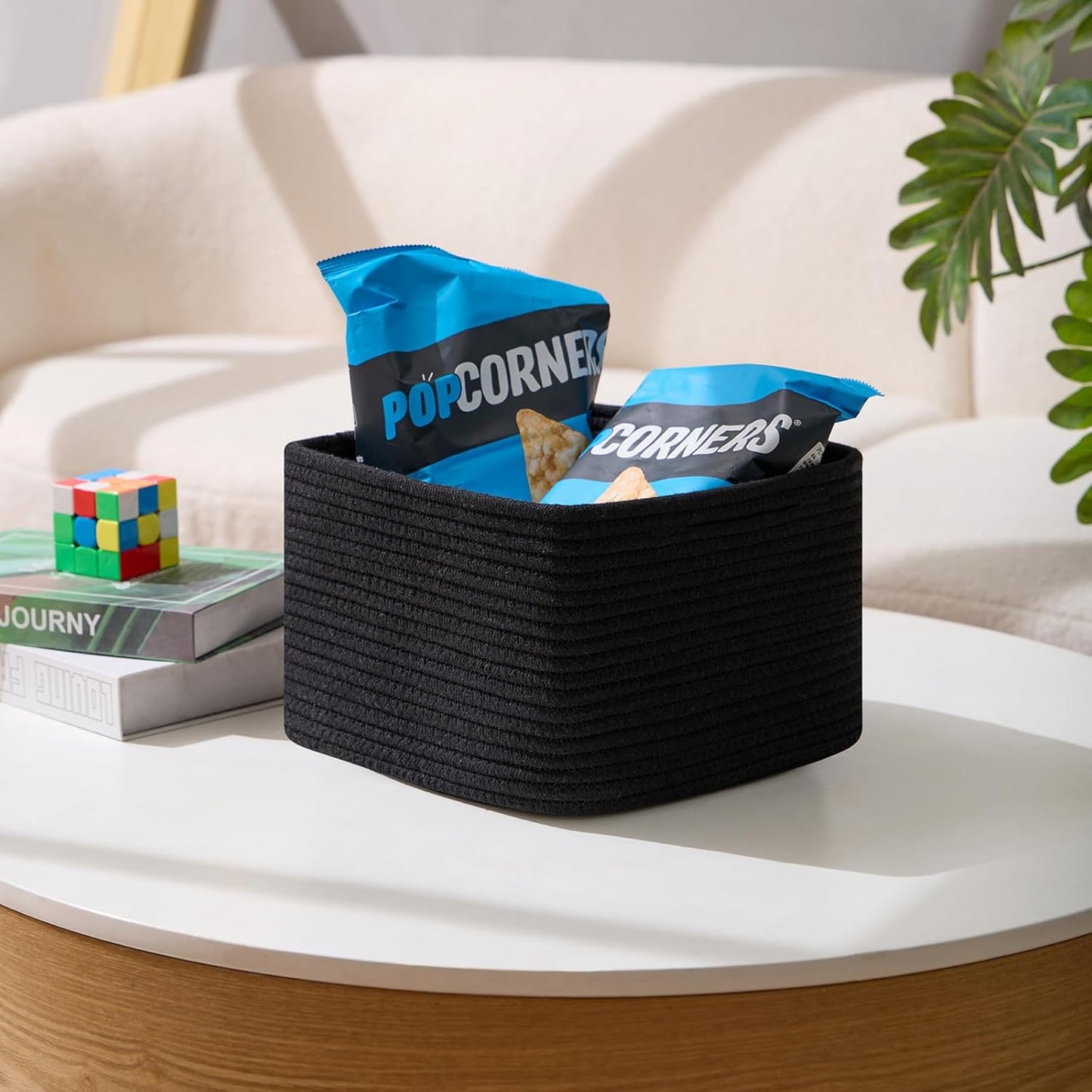 Small Organizing Baskets for Cubes Shelf, 9.7x9.7x7.1 Inch Rope Woven Storage Bins for Nursery Shelves Storage, Cute Toy Basket, Square 3 Packs Black