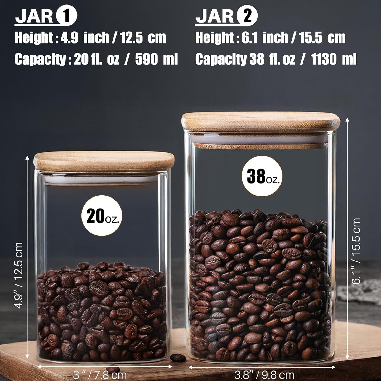 38 oz Glass Food Storage Jars with Airtight Lids, Clear Glass Jar with Bamboo Lid, Airtight Food Canister for Tea, Candy, Coffee, Sugar, Cookie, Snack. (Square| 5+6 Inch) SET of 3