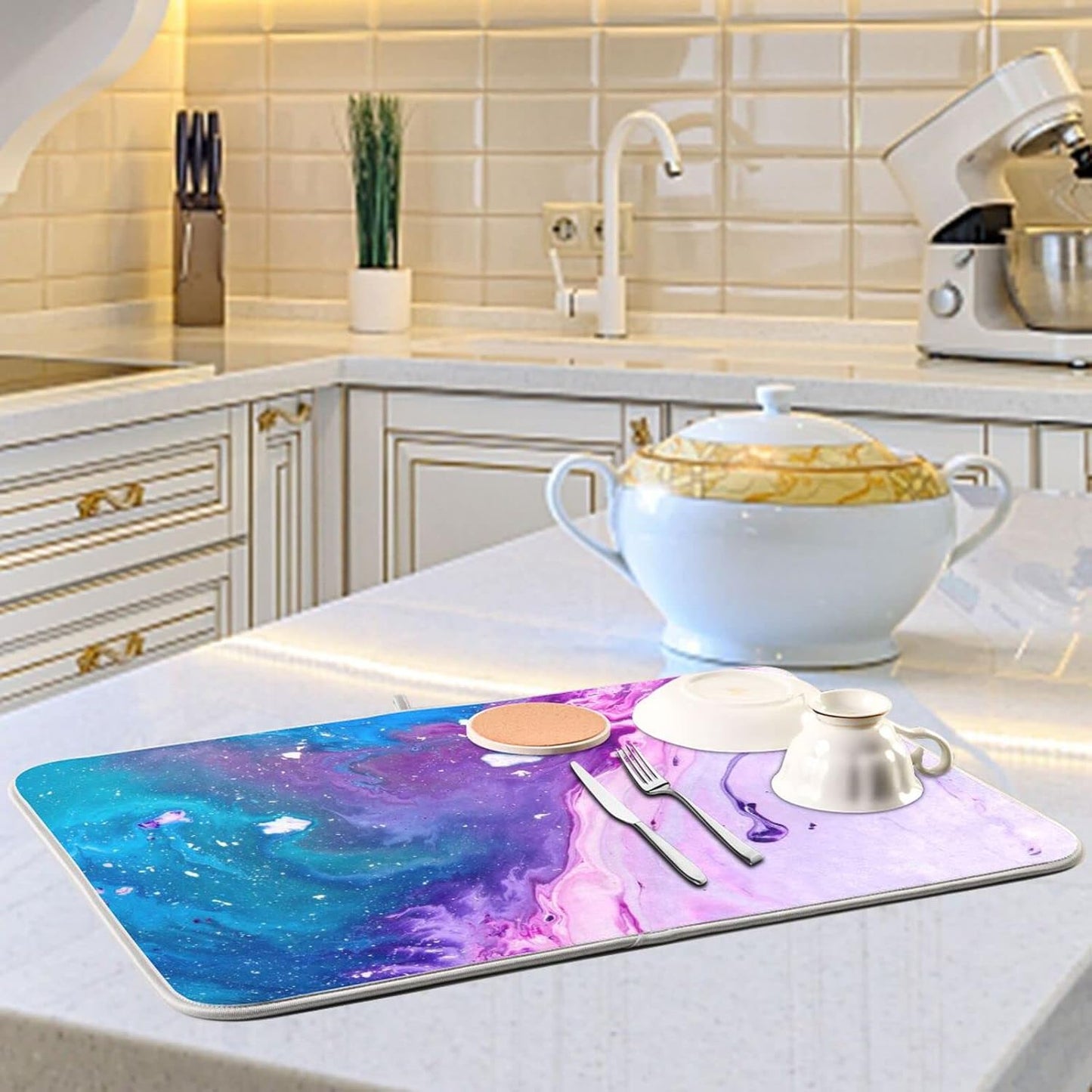 Super Absorbent Dish Drying Mat, Microfiber Fast-Drying Dish Mat, 24" x 18", Kitchen Dish Drying Pad, Abstract Purple Blue Marble