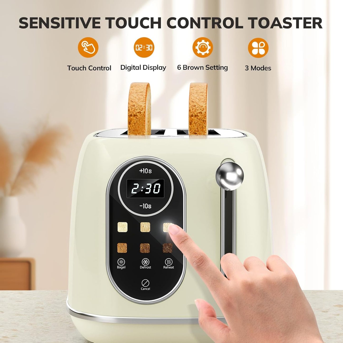 Keenstone Smart Touch Screen Toaster 2 Slice, Retro Wide Slot Stainless Steel Toaster with 6 Browning Levels, Reheat & Defrost, for Bagel, Toast, Bread, Removable Crumb Tray, Beige
