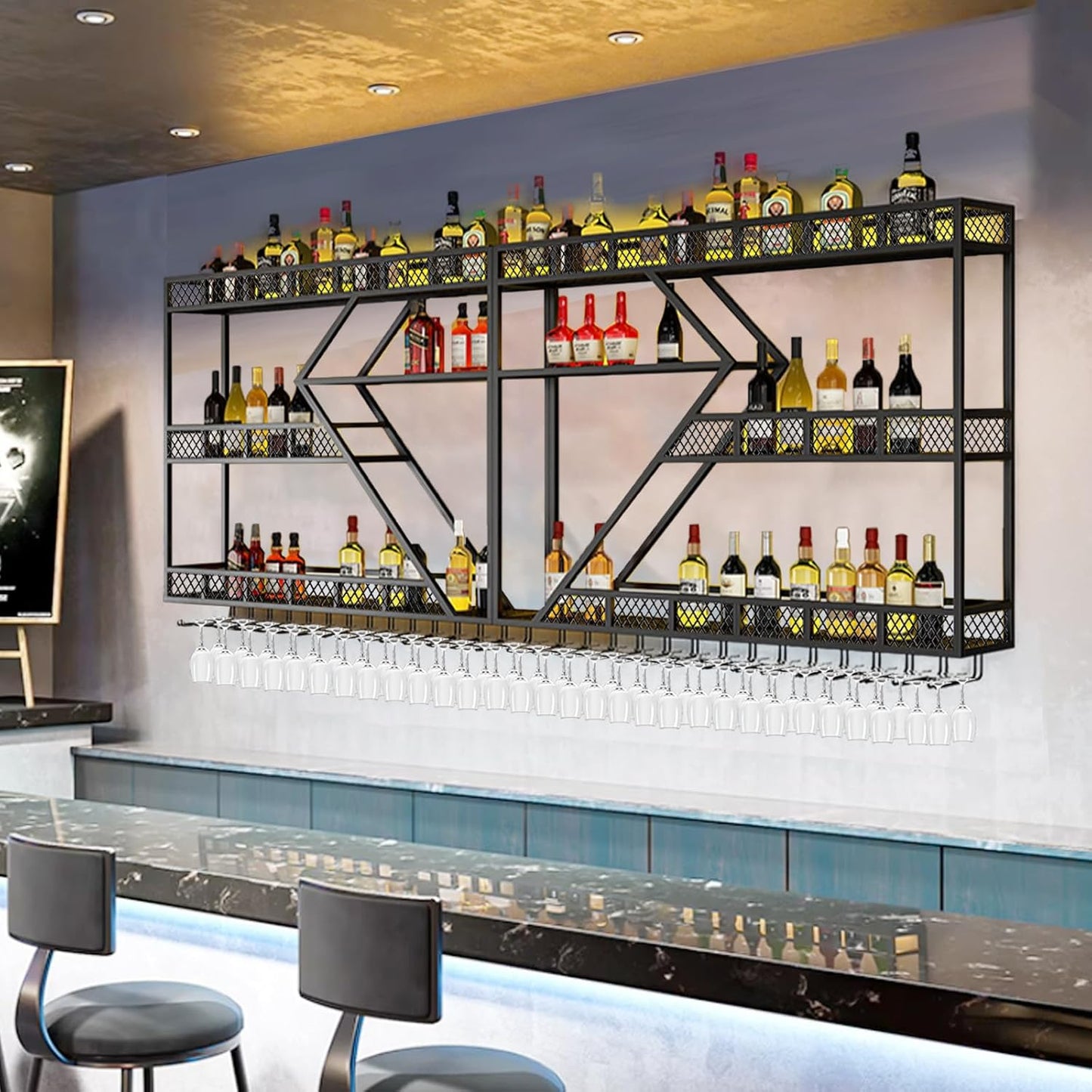 Metal Wine Rack Wall Mounted, Modern Wine Storage Rack Wall Mounted with Wine Glass Holder, Liquor Shelf, Bar Shelves for Liquor Bottles (3TIERS Black, 94.48 * 7.87 * 33.85INCH)