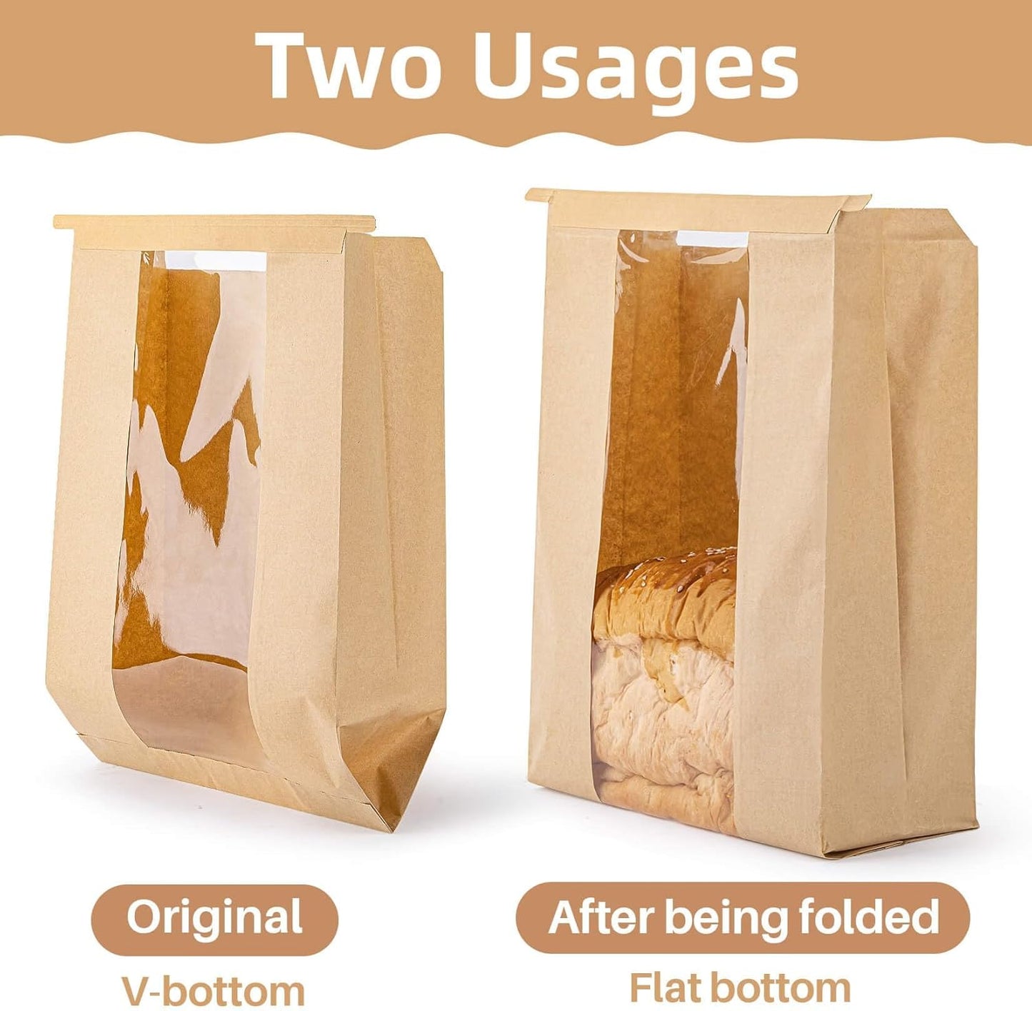 50 Bread Bags with Reusable Ties - Homemade Sourdough Bread Storage Bags Brown Paper Bagel Loaf Bakery Bags with Window Toast Bags with Resealable Ties Disposable Baked Goods Sale Packaging