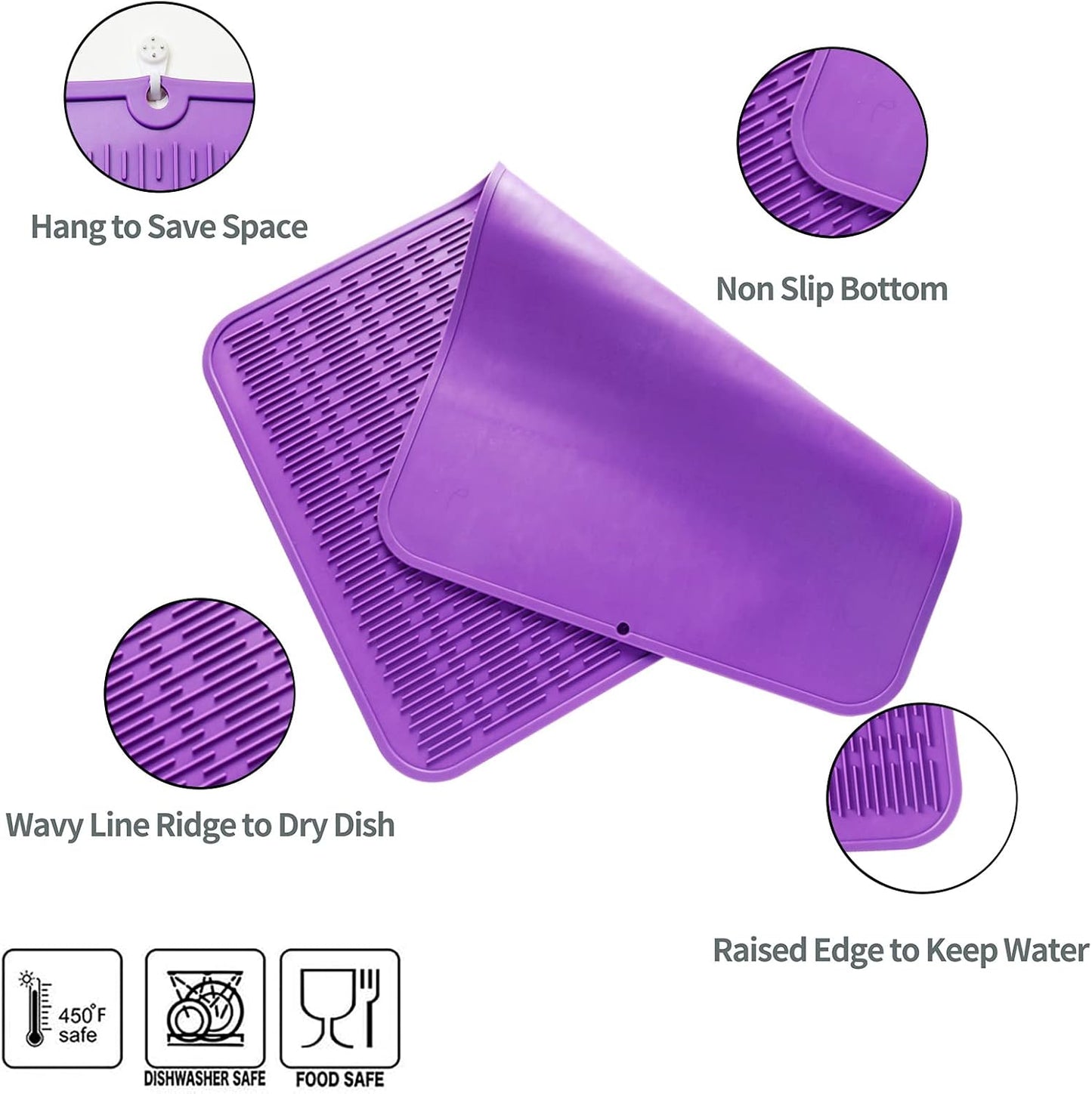 Silicone Dish Drying Mat for Multiple Usage,Easy clean,Eco-friendly,Heat-resistant Silicone Mat for Kitchen Counter or Sink,Refrigerator or Drawer Liner Purple 4XL 32 inches x 18 inches