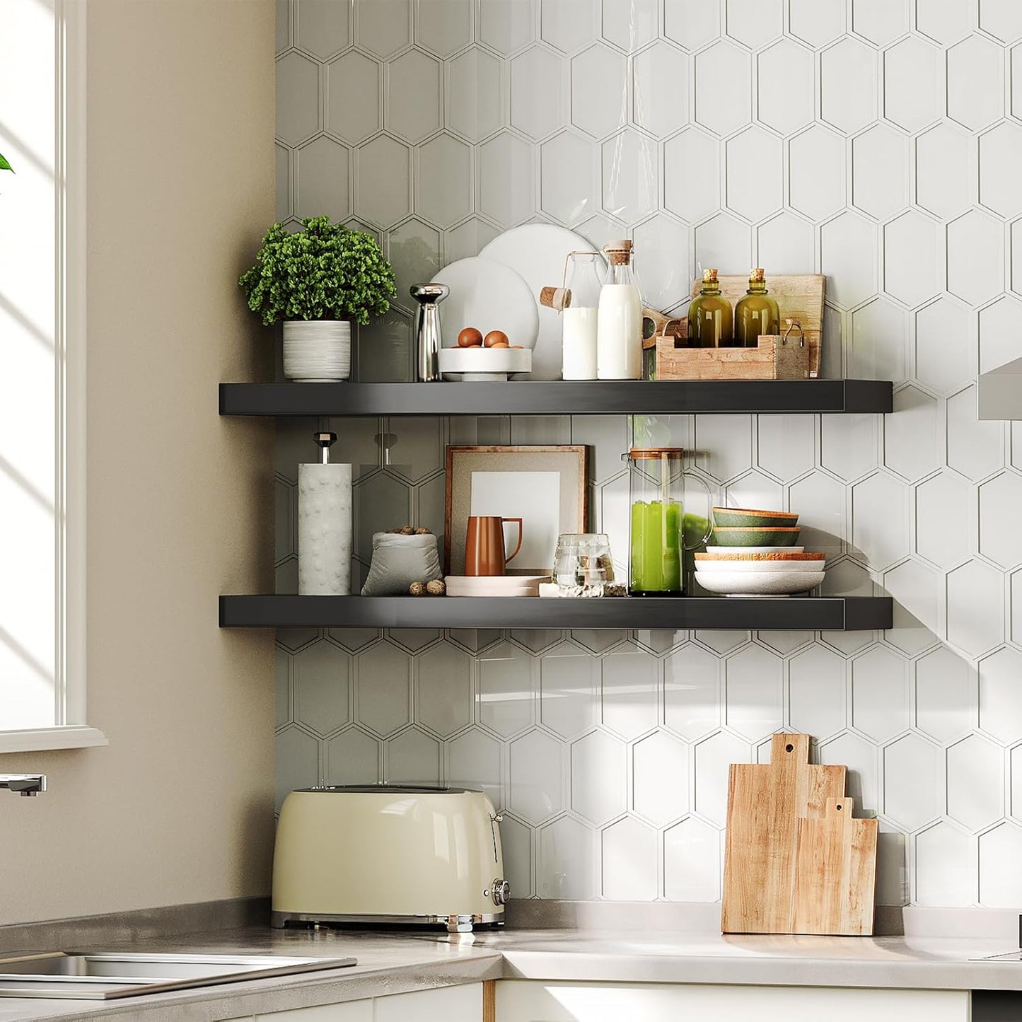 HOOBRO Floating Shelves for Wall, Wall Mounted Shelf Set of 2, 31.5" Hanging Shelf with Invisible Brackets, for Wall in Bathroom, Bedroom, Toilet, Kitchen, Living Room, Office, Black BK80BJP201