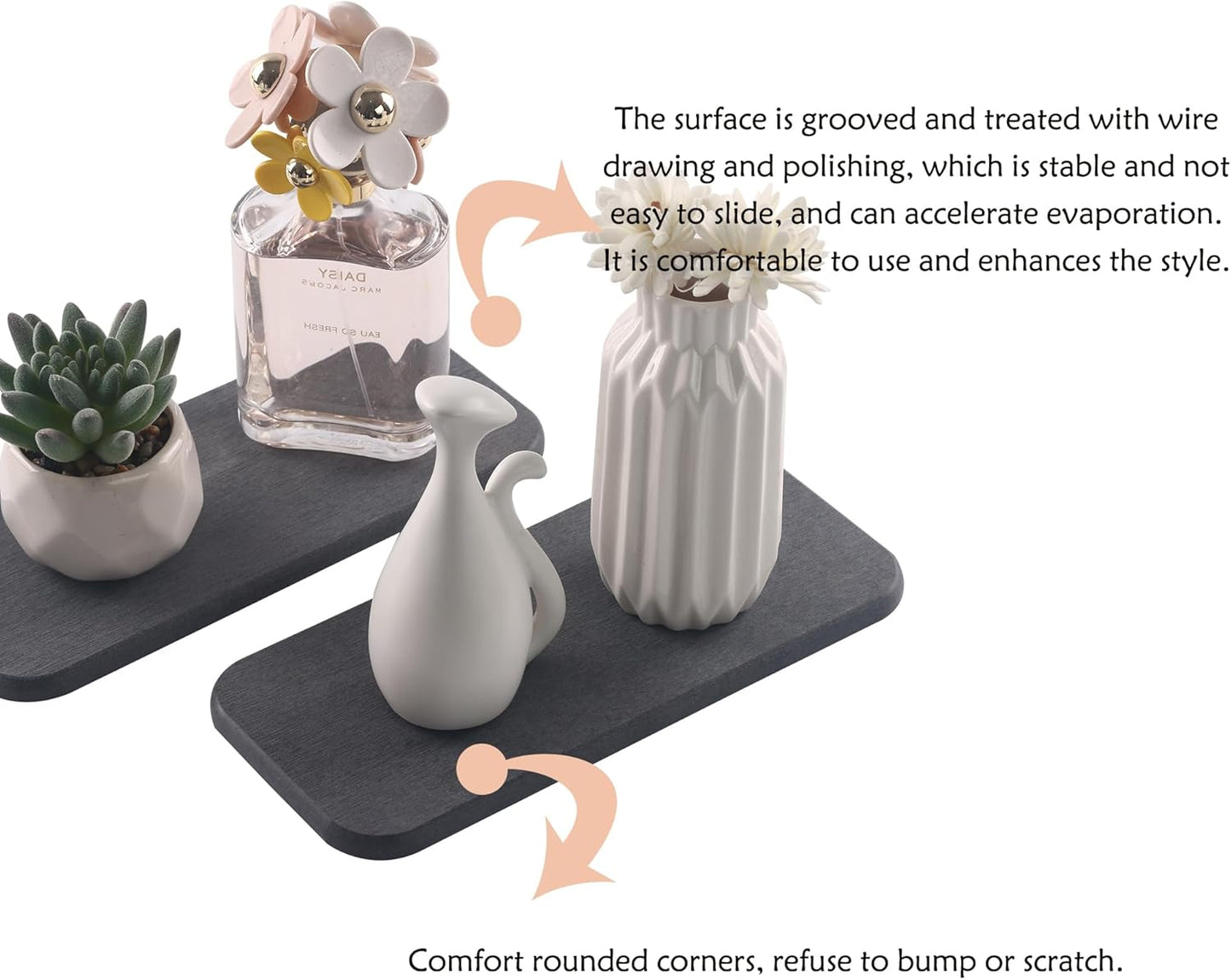 2 Pcs Water Absorbing Stone Trays, Kitchen/Bathroom Sink Soap Dish, Diatomite Tray Used for Hand Soap & Cosmetic Bottles in The Modern Home, 4" W x 9" L, Dark Gray