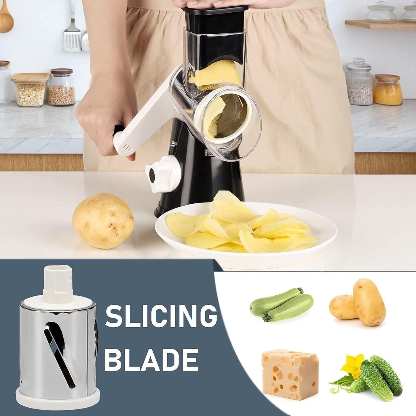 KEOUKE Rotary Cheese Grater with Handle - 3 Changeable Blades for Cheese, Vegetables, Nuts - Black