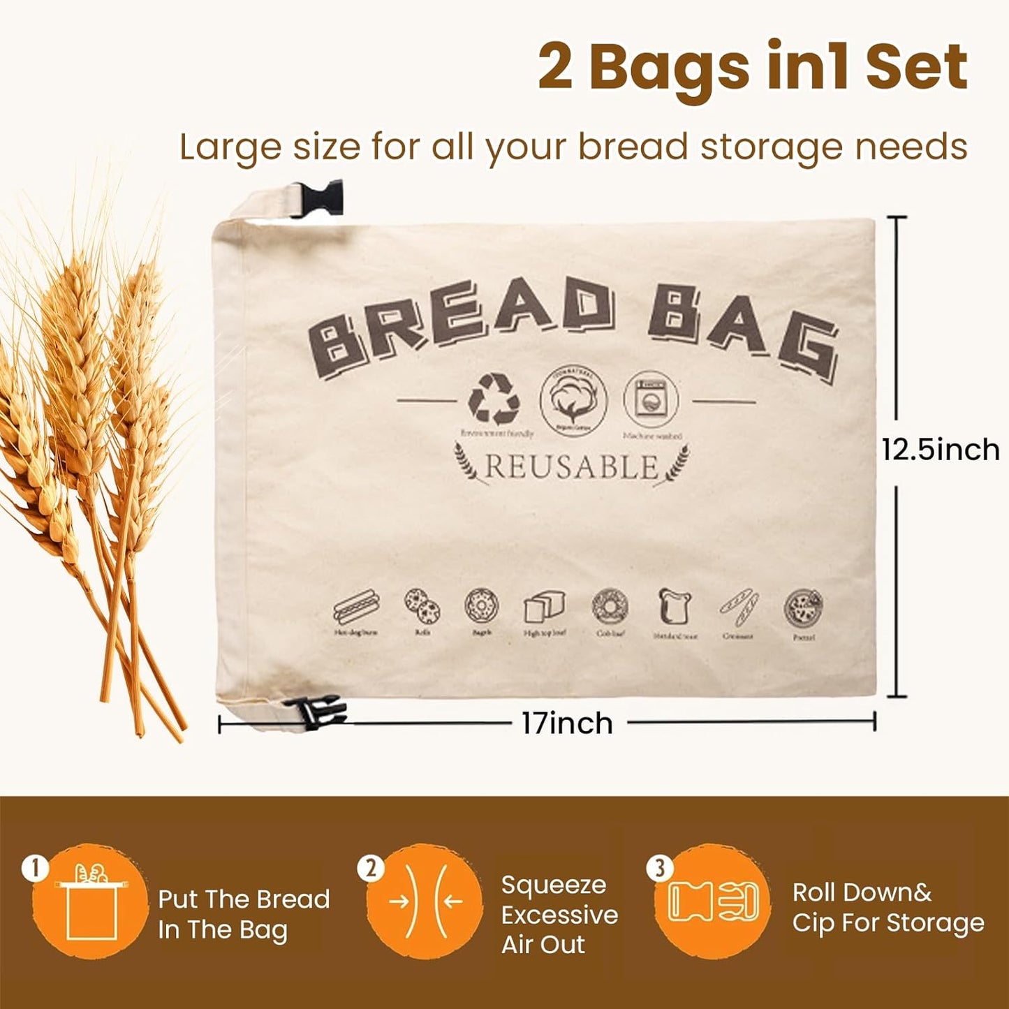 2-Pack Bread Bags, Reusable Bread Bags for Homemade Bread, Buckle Closure,Fresh Keeping Extra Large Bags, Food Bag (Beige)
