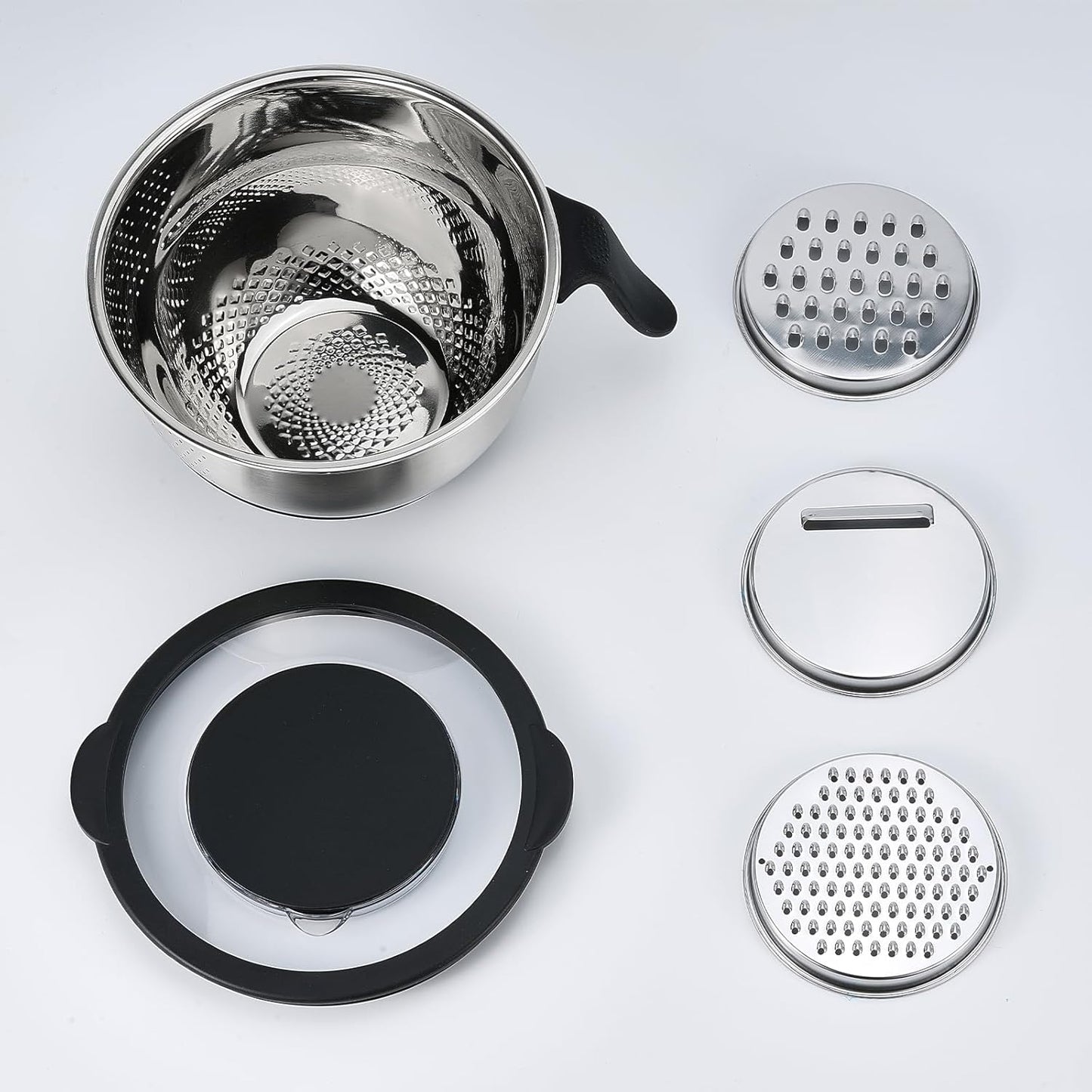 Kitchen Strainers and Colanders with Handle, Stainless Steel Grater with Container, Vegetable Shredder with 3 Blades, Versatile Side Drainer Bowl for Washing Rice, Beans and Fruits