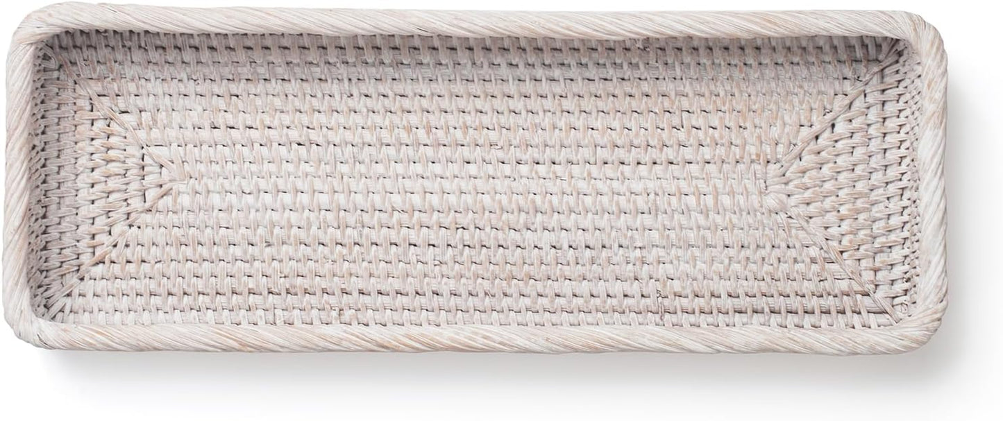 Rattan Bathroom Vanity Trays Toilet Tank Baskets Long Narrow Hand Towel Storage Basket for Storage, Decorative (Whitewash 16.3 x 6.1 x 2 inch)