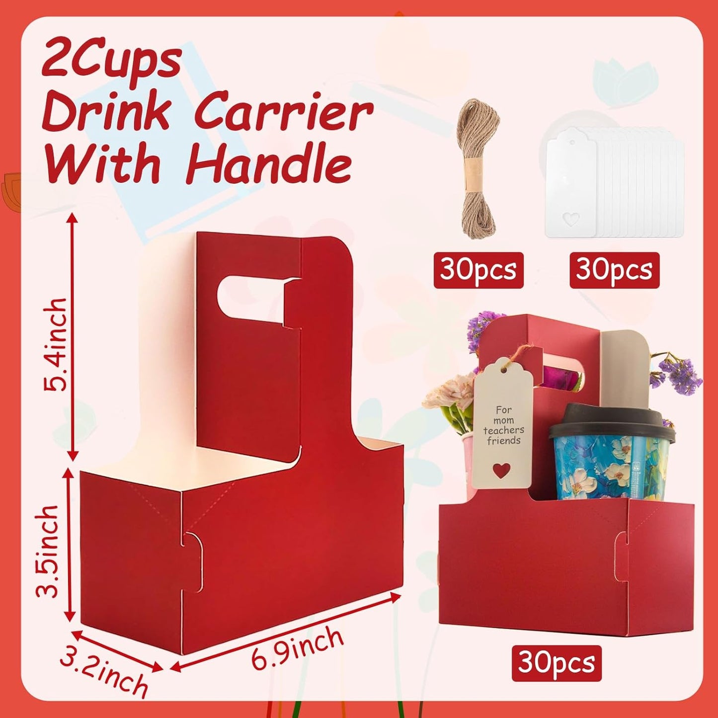 30 Pack 2 Cup Disposable Drink Carrier with Handle Paperboard Coffee Cup Holder Portable for Hot Cold Drinks Food Delivery Services with Heart Card for Teacher Appreciation Week Mother's Day