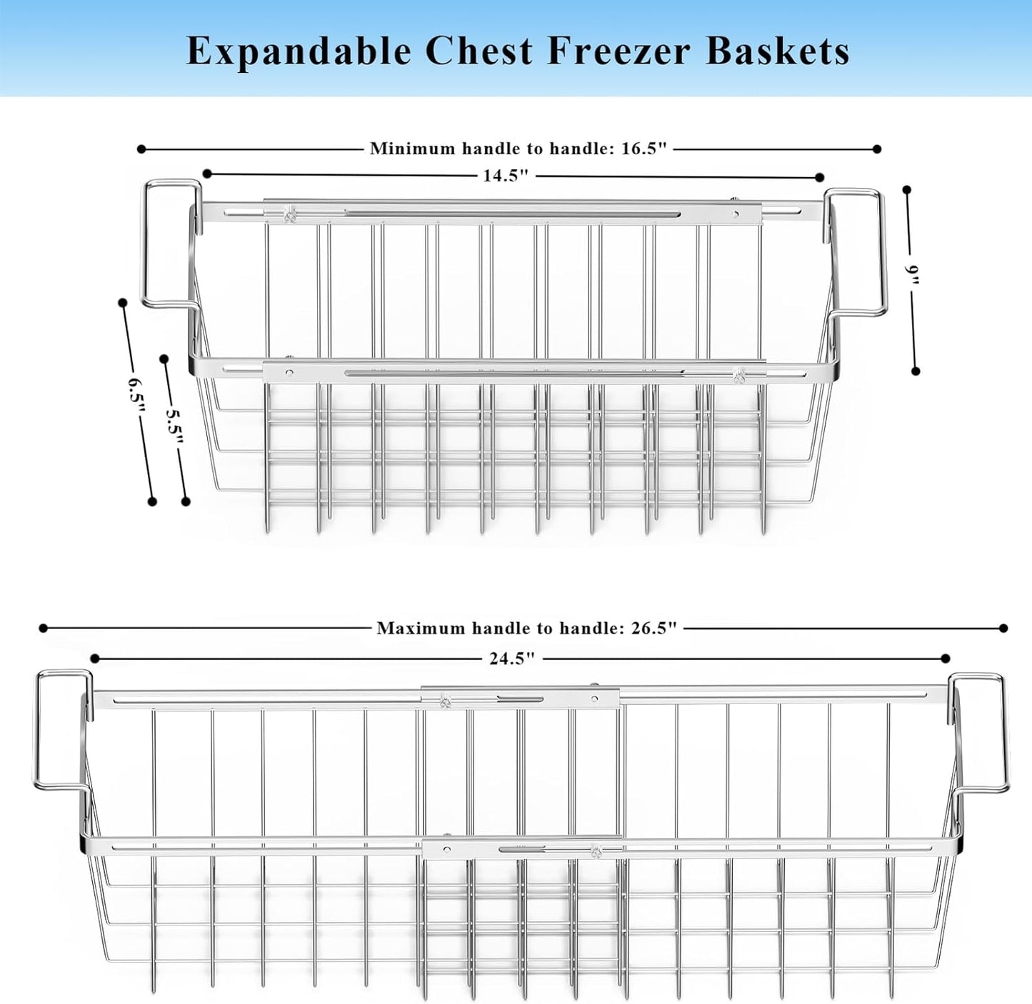 Orgneas Freezer Baskets for Chest Freezer, Capacity Expandable Deep Freezer Organizer Bins Adjustable From 16.5" to 26.5" Stainless Steel Wire Basket Storage with Hanging Handles