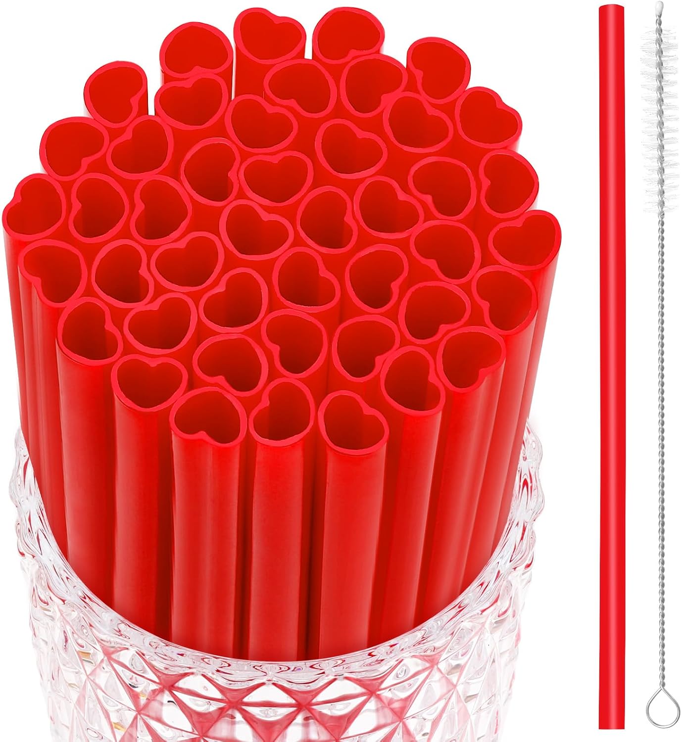 JANYUN 30 Pcs Red Heart Shaped Straws, Reusable Valentines Plastic Drinking Straw for Valentines Day Party Favors Birthday Bridal Shower Wedding Supplies